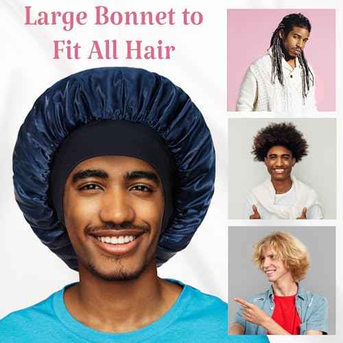 2pcs Bonnet for Men, Bonnets for Women, Satin Silk Hair Bonnet for Sleeping, Reversible Double Layer Wide Band Sleep Cap for Curly Hair Braids