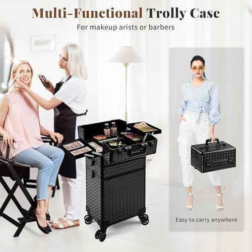 3 in 1 Rolling Makeup Train Case Professional Large Cosmetic Trolley Cosmetology Case on Wheels Traveling Cart Trunk for Hairstylist Artist Nail Beauty Salon Barber, Black