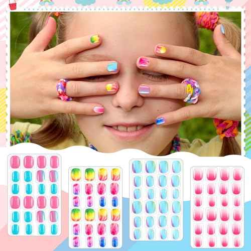 216Pcs 9 Pack Kids Press on Nails Grils Full Cover Short False Stick on Nail Tips for Kids Nail Art Decoration Christmas Birthday Valentine's Party Favors Gift(Gradient Style)
