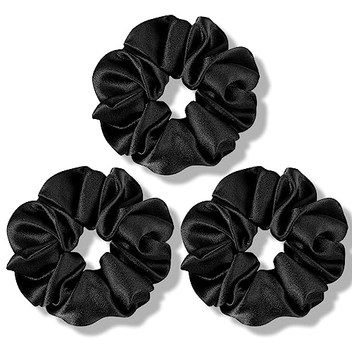 Fittia Silk Scrunchies for Hair Sleep No Crease, Silky Satin No Damage Hair Ties for Women&Girls, Soft Breathable Ponytail Holders 3 Pack, Black