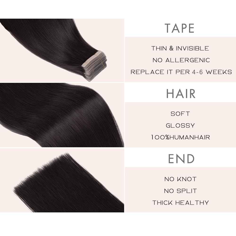 Human Hair Tape in Extensions, Natural Black Hair Extensions Real Human Hair 20 Inch 20pcs Remy Straight Tape ins Invisible Tape in Hair Extensions Human Hair (1B#,20 Inch)