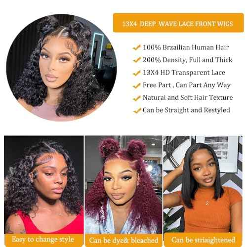 Caijuxing 13x6 Bob Wig Water Wave Bob Wigs Human Hair 13x6 Lace Frontal Wigs 200% Density Curly Bob Wig Human Hair Pre Plucked Deep Wave Wig for Black Women Natural Black (16 Inch)
