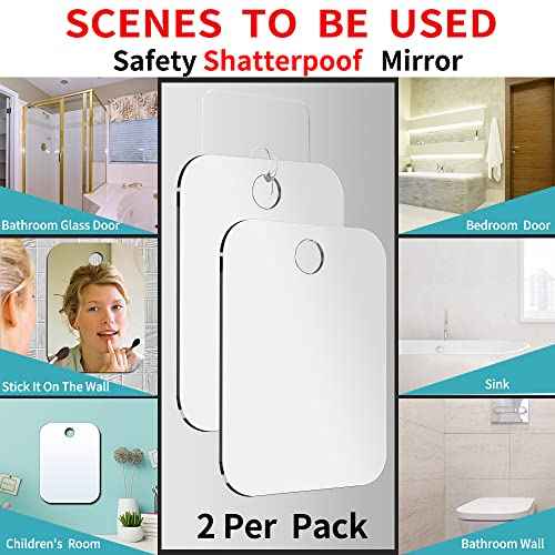 Shatterproof Shower Mirror Fogless for Shaving(2 Pack,Larger 10.7x8 inch) 43% Than Original,Unbreakable Deluxe Plexiglass Makeup Mirror,Largest Bathroom Wall Hanging,Portable Handheld Camping,Silver