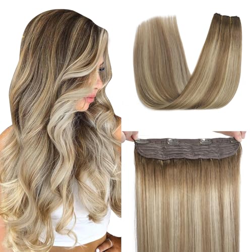 XDhair Wire Hair Extensions 85g 18 Inch Balayage Walnut Brown to Ash Brown and Blonde Invisible Fish Wire Hair Extensions for Women #3/8/22 18 Inch