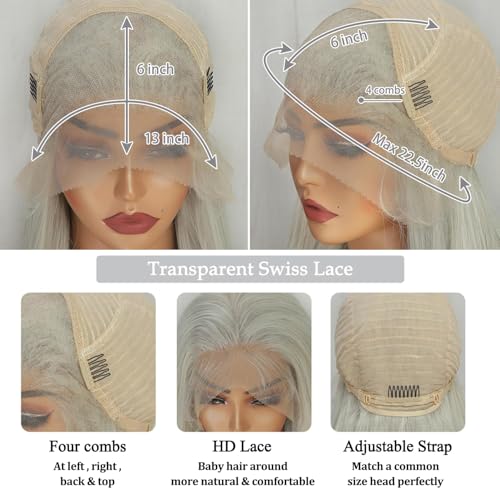 SOKU 13x6 Lace Frontal Wig 32 Inch Sliver Color Boby Wave Pre-plucked Hairline with Baby Hair Transparent Lace Heat Friendly Synthetic Light Grey Lace Front Wavy Wigs for Women Christmas Gift