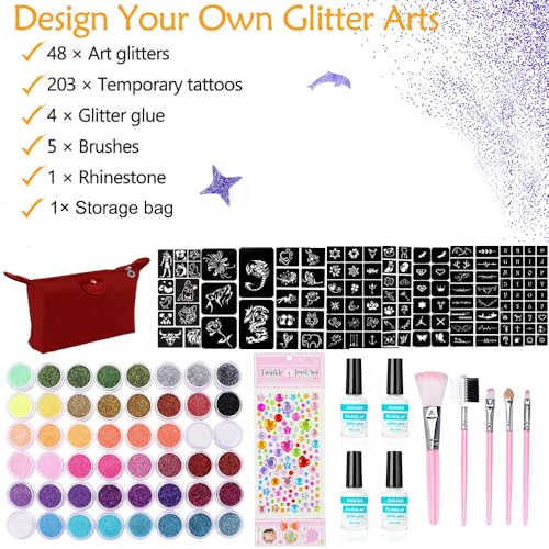 Glitter Tattoos Kit 48 Colors Waterproof Temporary Tattoos with 203 Stencils, 5 Brushes 4 Glue, Body Nail Art, Body Glitter Festival Party (48 Colors)