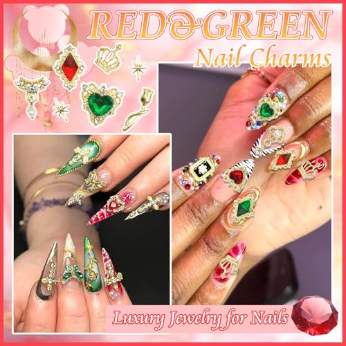 BELICEY 56Pcs 3D Gold Nail Charms Assorted Cross Star Heart Charms for Nails Alloy Rose Flower Crown Nail Decoration Luxury Nail Jewelry Green Red Gems Rhinestones for DIY Nail Art Design Crafts
