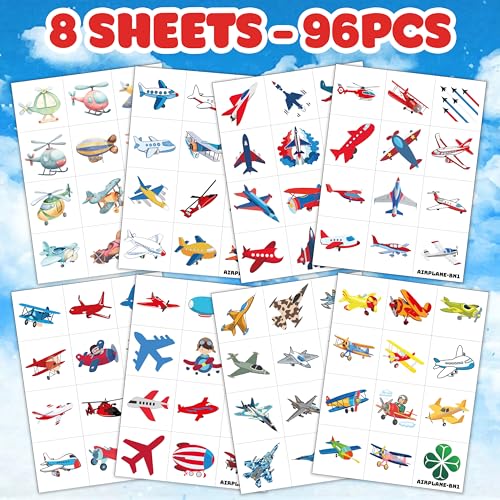 96PCS Airplane Temporary Tattoos Pre-Cut, Aviation Theme Birthday Party Decorations, Fighter Jet Plane Tattoo Stickers for Kids Boys Girls, Party Favors, School Gifts & Rewards