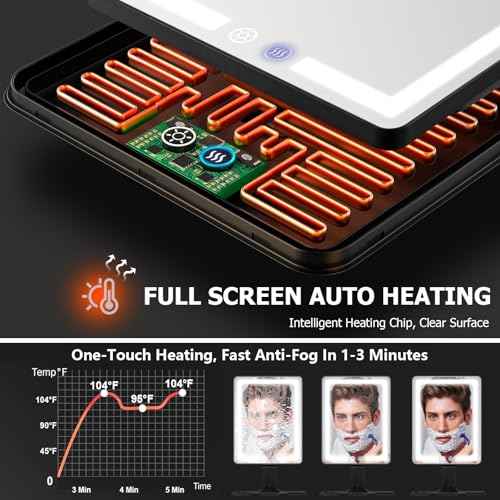 Heated Shower Mirror Fogless for Shaving, Anti Fog Shower Mirror with Light, 5000mAh Rechargeable Large 12.5¡¿8" Fog Free Mirror for Shaving with Razor Holder for Men & Woman, Removable, NO-Drilling