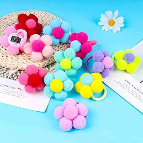 12pcs Flower Pom Poms Fluffy Ponytail Holders with Balls - Hair Accessories for Girls