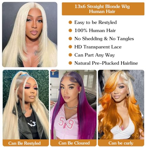 613 Lace Front Wig Human Hair 13x6 Transparent Lace Straight 613 HD Lace Frontal Wig Blonde Wig Human Hair Pre Plucked with Baby Hair 22 Inch 200 Density
