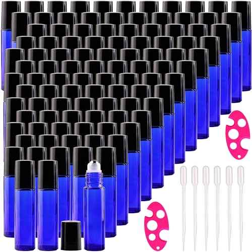 inice 100 Pack,10ml Roller Bottles for Essential Oils Cobalt Blue Thick Glass Stainless Steel Roll On Ball Bottles