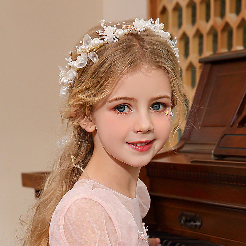 Children's Wreath Head Ornament - Flower Headband for Kids, Pearl & Rhinestone Design