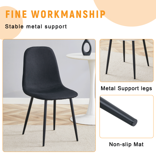Set of 4 Black Linen-Cotton Dining Chairs with Metal Legs