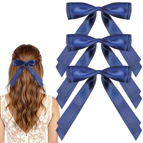 3PCS Navy Blue Hair Bows with Alligator Clips ? Elegant Satin Ribbon Hair Accessories for Women & Girls, Long Tail Bow Clips for Ponytail & Hairstyles