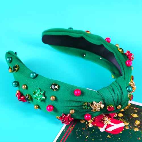 Christmas Jeweled Headbands for Women Girls Christmas Outfits Accessories Xmas Bow Rhinestone Pearl Knotted Headband Red Green Wide Top Knot Hairband Fancy Holiday Gifts