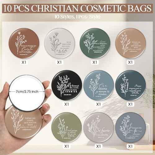 Kacctyen 10 Sets Advent Beauty Calendar Spanish Christian Gifts for Women Regalos Cristianos para Mujer for Christmas Religious Canvas Makeup Bags with Bible Verse Compact Mirrors (Boho Color)