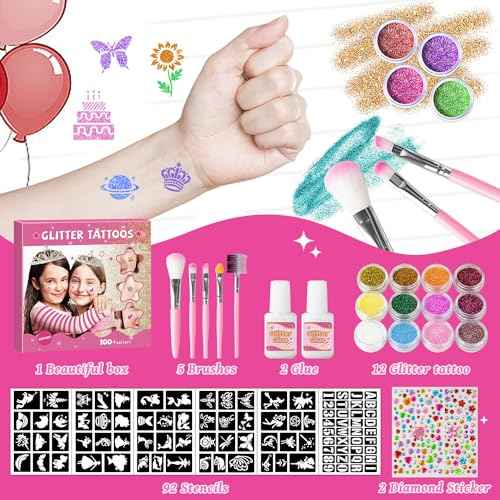 12 Color Temporary Glitter Tattoo Kit for Kid, with 92 Stencils, 2 diamond stickers, 2 Glues & 5 Brushes, Adults & Kids Arts Glitter Make Up Kit, Beautiful Holiday Gifts for Girls & Boys.