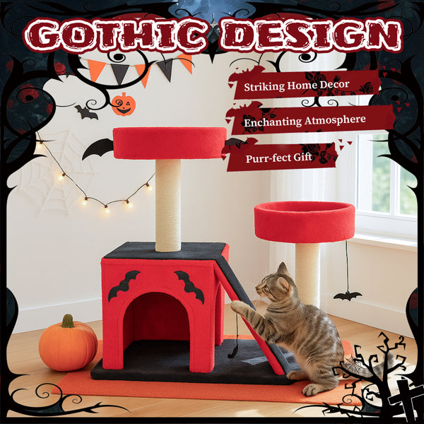 Halloween Cat Tree with Spooky Gothic Design, Large Cat Condo & Perches