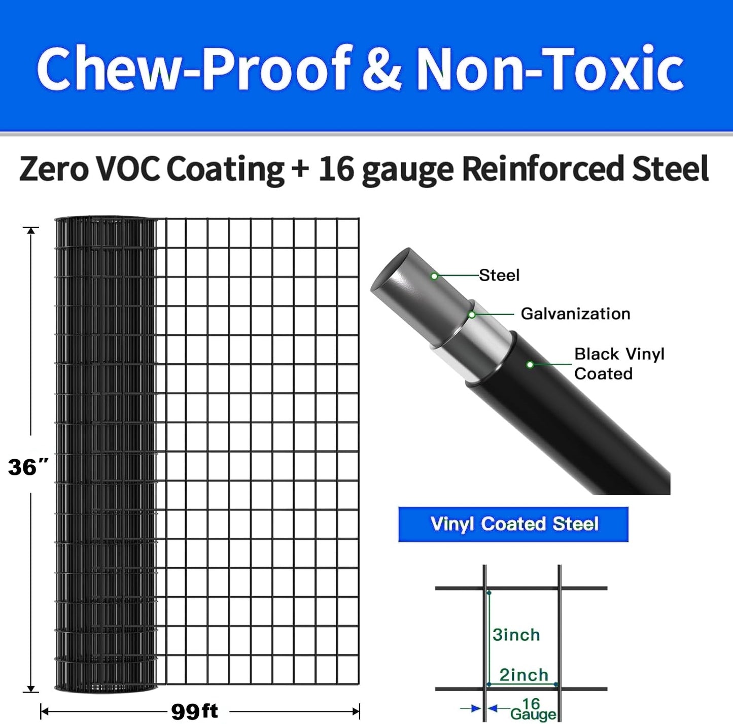 36 INCH X99 FT Black Vinyl-coated Metal Mesh, 16 Gauge 2 3 PVC Welded