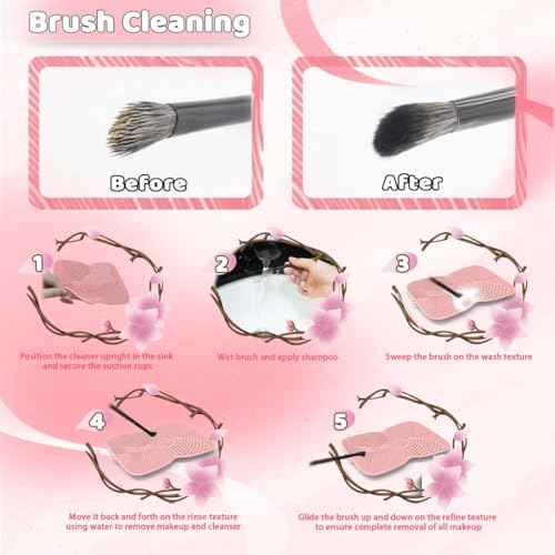 Silicone Makeup Brush Cleaner Pad with Suction Cup, 8 Textures, Stable, Makeup Brush Cleaning Mat (Pink)