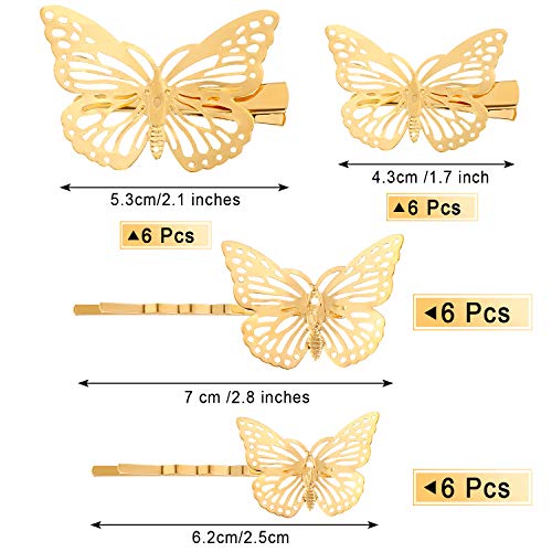 24 Pieces Halloween Butterfly Hair Clips Metal Butterfly Hair Clamps Metallic Hollow Butterfly Hairpins Clips Hair Accessories for Women Girls Weddings Bride, 2 Styles and 2 Sizes (Gold)