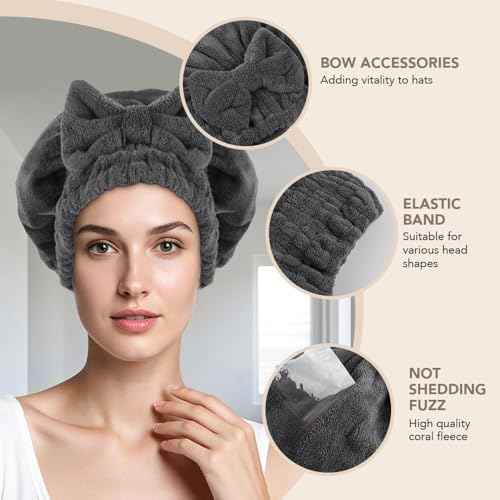 SUNLAND Large Microfiber Hair Drying Caps with Bow knot Fast Drying Shower Cap Soft and Absorbent hairWrap Hair Turban Bath Caps for Curly Thick and wet Hair 11 X 13.4 inch 2 Pack Dgrey