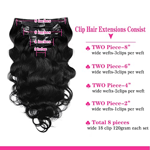 22Inch Clip in Hair Extensions Real Human Hair Body Wave 8Pcs Brazilian Human Hair Clip in Extensions with 18Clips Double Lace Weft 120g #1B Natural Black