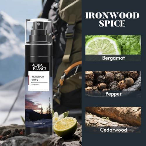 Body Spray for Men, Mens Body Refreshing Spray, Long Lasting, Pack of 3, Each 3.4 Fl Oz, Total 10.2 Fl Oz, Ironwood Spice, Sailor' s Essence, Leather Citrus