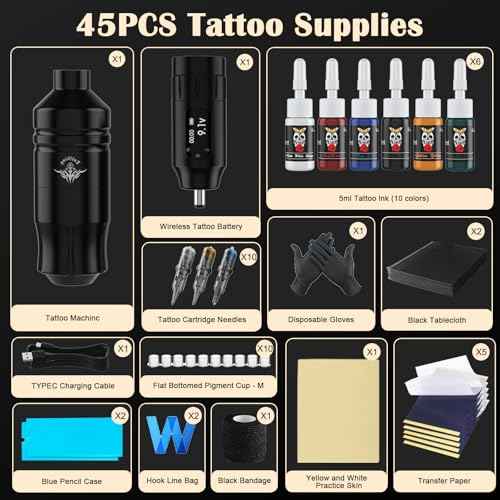 Beginners Tattoo Gun Kit - Wireless Tattoo Machine Kits with 1300mAh Battery, Rotary Tattoo Pen Set with 10pcs Cartridge Needles for Beginners Tattoo Supplies (45Pcs)