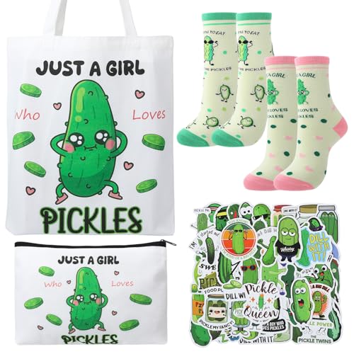 Pickle Gifts for Women - Pickle Lover Gifts Set Travel Cosmetic Bags Portable Reusable Canvas Tote Bag Funny Novelty Gag Socks Stickers Christmas Gifts for Teen Girls
