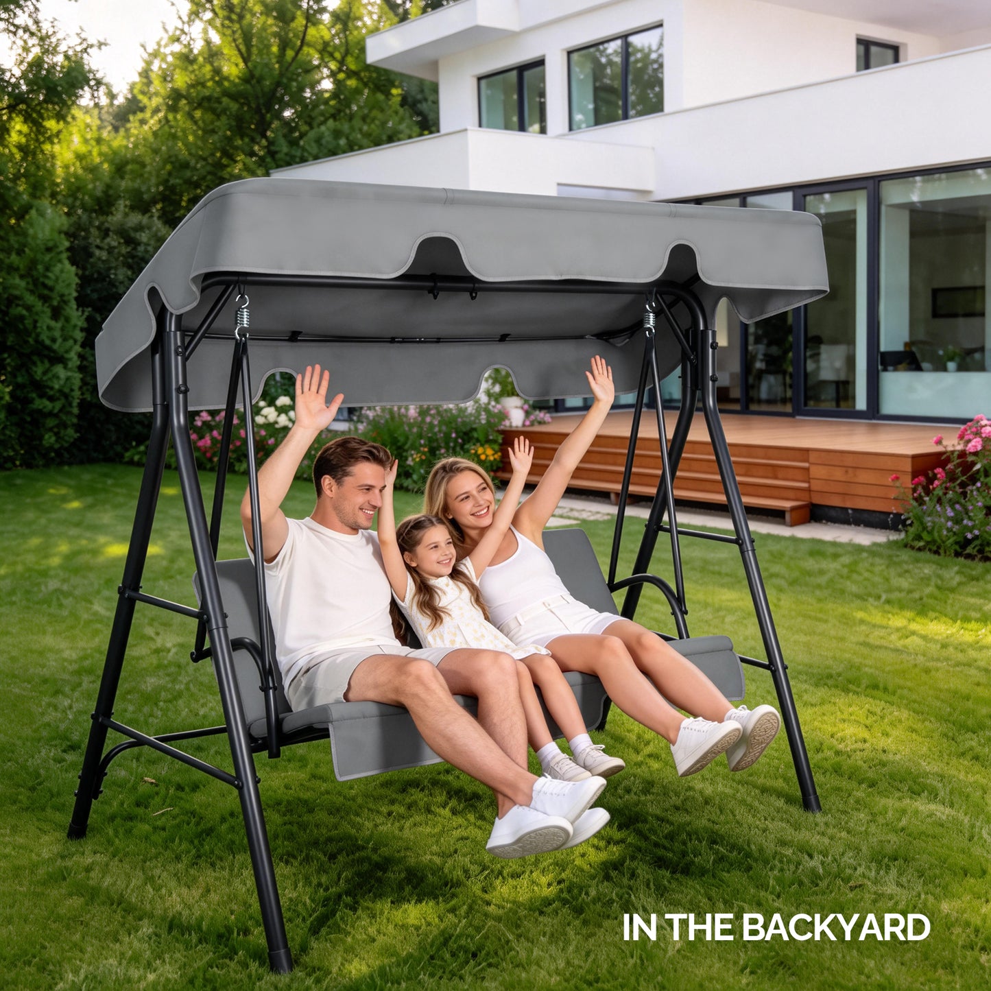 3-Person Garden Swing Set with Adjustable Canopy & Cushions