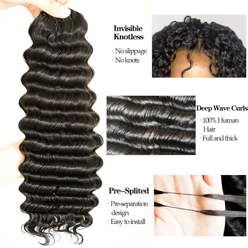 Knotless Pre Separated Deep Wave Crochet Human Hair Feather 100% Raw Real Hair Extensions for Braiding Feather Line Human Crochet Deep Wave Curly Hair Extensions With String 20inch 60g