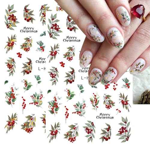 8Pcs Christmas Nail Sticker 3D Xmas Green Leaf Flower Adhesive Decal Supplies Glitter Gold Silver Snow Leaves Design for Women Winter Holiday Manicure Decoration Accessories