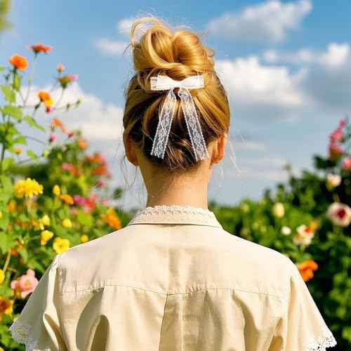 6 PCS White Lace Hair Bows with Long Tail Ribbons Metal Hair Clip with Long Tail Ribbon Bow Barrettes Alligator Hairpins Bride Wedding Gift Birthday for Women