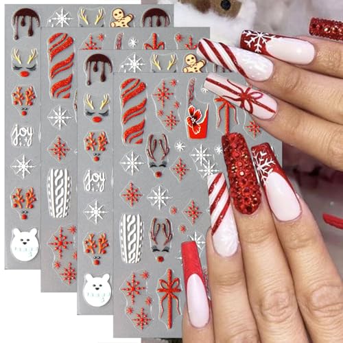 4 Sheets Embossed Elk Nail Stickers 5D Self-Adhesive Bow Gift Cookie Man Snowflake Nail Art Stickers Red Christmas Nail Decals New Year Nail Art Supplies for Women Girls DIY Manicure Nail Decoration