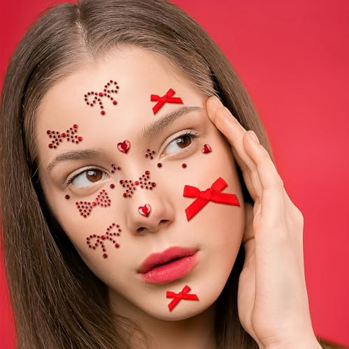 Heart Face Gem Rhinestone Stickers Red Pink Bow Ribbon Acrylic Jewels Stickers Self-Adhesive Hair Gems for Nail Eye Body Makeup, Decorative Stickers for Valentine's Day, Wedding, Craft