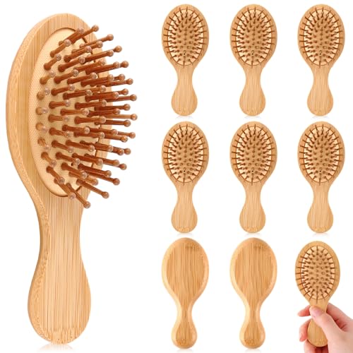 10 Pack Mini Bamboo Hair Brush Bulk Pocket Travel Small Hairbrush Long Short Wet Dry Hair Scalp Massage Gifts for Wedding Bridesmaid Party Favors for Women Men (Oval)