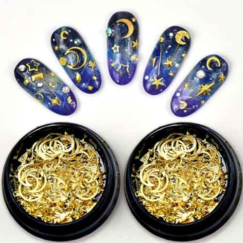 2 Box Gold Star Moon Nail Charms 3D Metallic Art Studs for Jewelry Decorations Luxury Design Supplies Accessories DIY Acrylic Kit