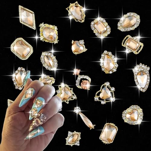 Gold Nail Charms, 20Pcs 3D Nail Decorations for Nail Art,Gems Diamond Nail Decor, Metal Alloy Crystal Rhinestones Nail Studs for Women Girl DIY Jewelry Cellphone Crafts£¨Champagne-Color Gem£©