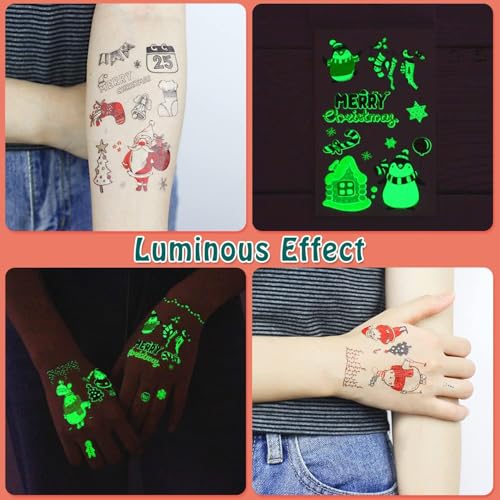 Partywind 235 Styles Glow Christmas Tattoos for Kids Stocking Stuffers, Luminous Christmas Party Decorations Supplies Favors, Holiday Party Games Toys, Santa Snowflake Decor (24 Sheets)