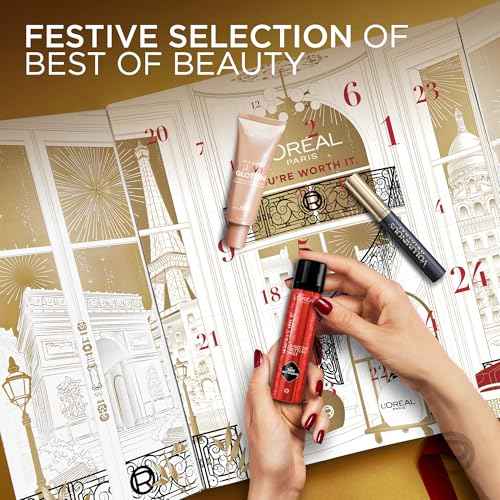 L'Oreal Paris 24 Day Beauty Advent Calendar 2025, Holiday Gift Set Includes Deluxe-Sized and Miniature Makeup, Skincare and Haircare Products