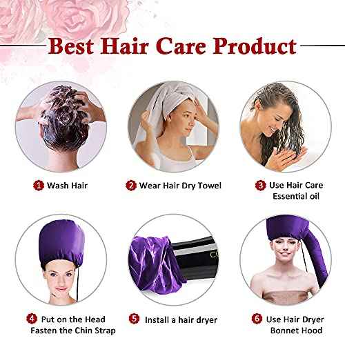 Hair Dryer Bonnet - Upgraded Bonnet Hair Dryer with Longer Extended Hose for Easy Styling, Curling and Deep Conditioning, Purple, One Size Fits All