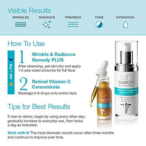 MD Complete Wrinkle Retinol Duo| Professional Dermatologist Skincare Includes Wrinkle & Radiance Remedy PLUS 1.0 fl oz and Retinol Vitamin C Concentrate with Retinol and Vitamin C 0.5 fl oz Set of Two