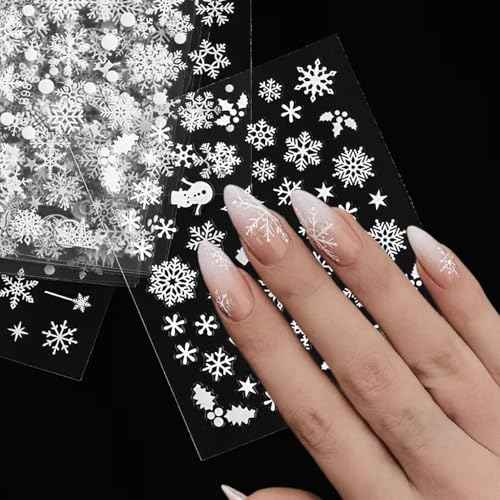 30 Sheets Christmas Nail Art Stickers Winter Nail Stickers Christmas Snowflake Design 3D Self-Adhesive Nail Decals for Nail Art Xmas Nail Sticker White Christmas Nail Art Supplies for Women