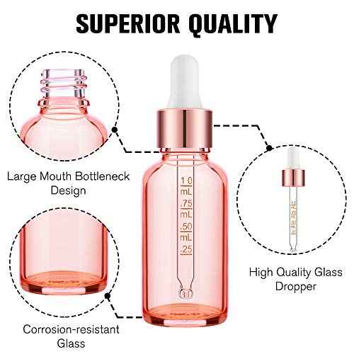 PrettyCare 4 Pack 1oz Dropper Bottles for Essential Oils with Labels, Funnel & Measured Pipettes, 30 ml Leak Proof Rose Glass Essential Oils Bottles- Empty Tincture Bottles for Personal Care & Beauty