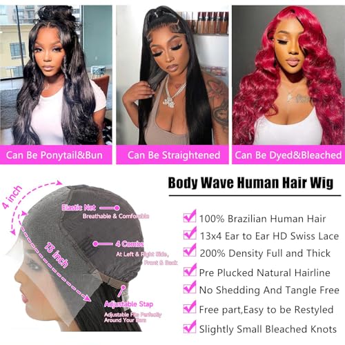 200 Density Body Wave Lace Front Wigs Human Hair Pre Plucked Pre Bleached Knots 13x4 HD Lace Frontal Wigs Human Hair Real Human Hair Wig 24 Inch