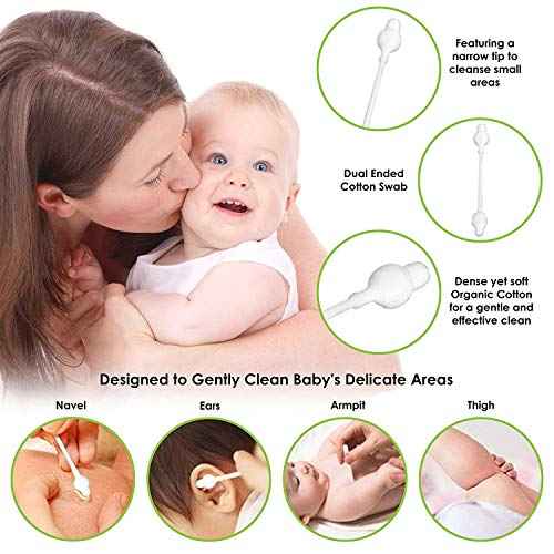 Baby Cotton Swabs, Organic Chlorine-Free Safety Swabs for Kids or Newborn Babies, 100% Biodegradable Gentle Baby Qtips, Cruelty-Free & Hypoallergenic Children Cotton Buds (4 packs of 55 ct. Total 220)