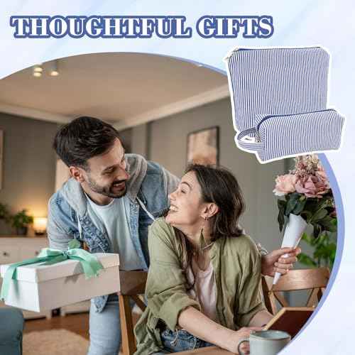 2 Pcs Makeup Bag, Toiletry For Women Cosmetic Bags Quilted Set Striped Preppy Make Up Pouch Gingham (Blue)