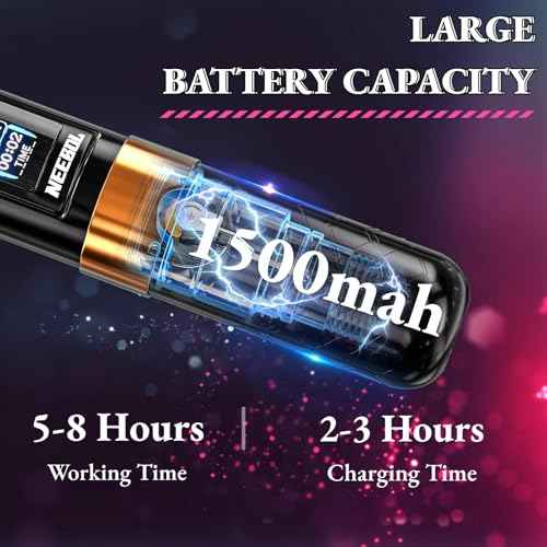 NEEBOL Wireless Tattoo Gun Rotary Tattoo Machine LED Display Screen 8 Hour Battery Life Extra Battery High-end Tattoo Pen Equipment Supply Permanent Tattoo Art Makeup Gift (Black)